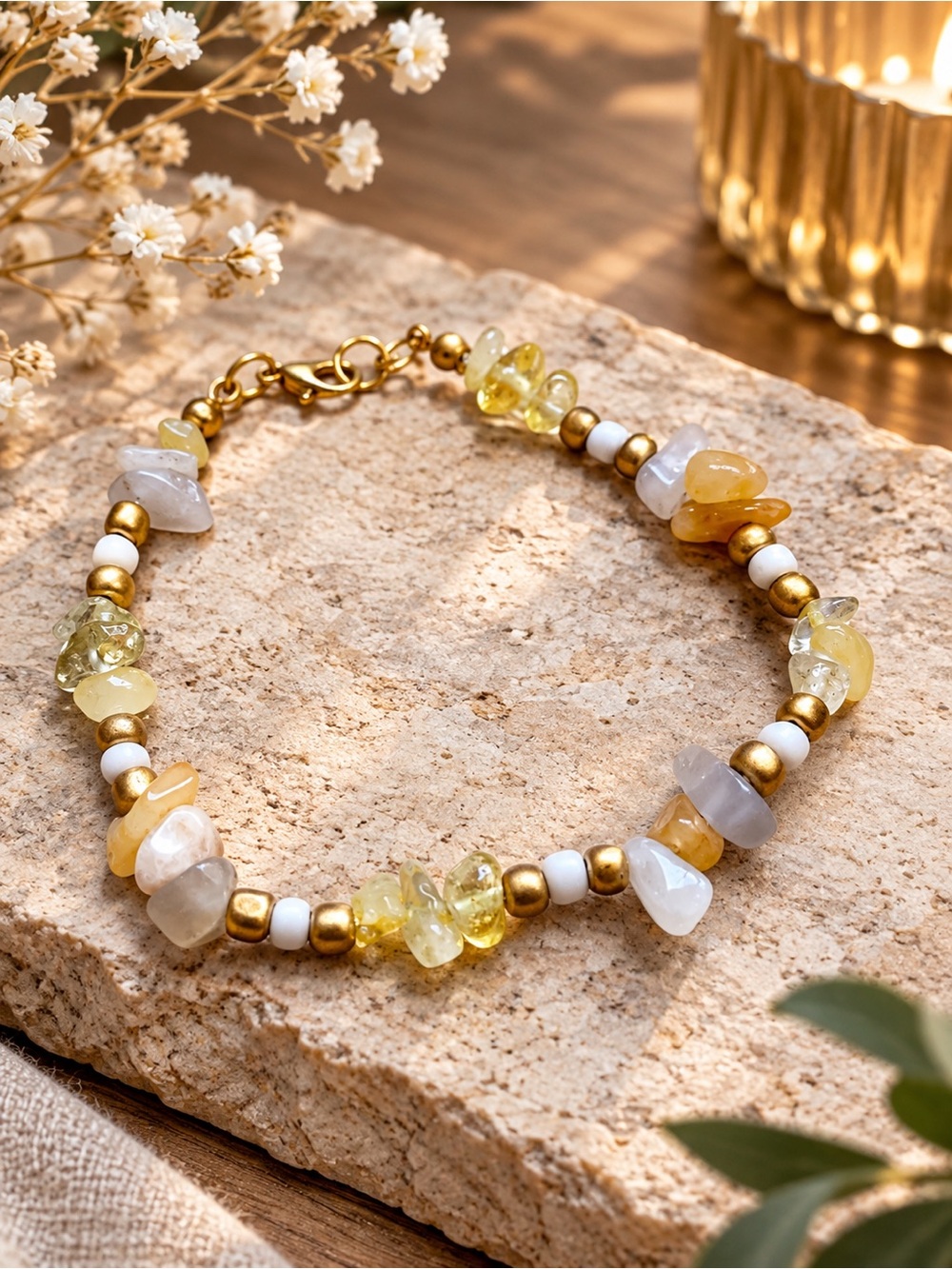 Handcrafted Yellow and White Beaded Gemstone Bracelet